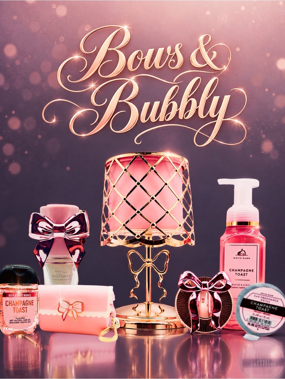 Bath & Body Works Champagne Toast Pink Bow Bundle Candle Pedestal 9 Pc